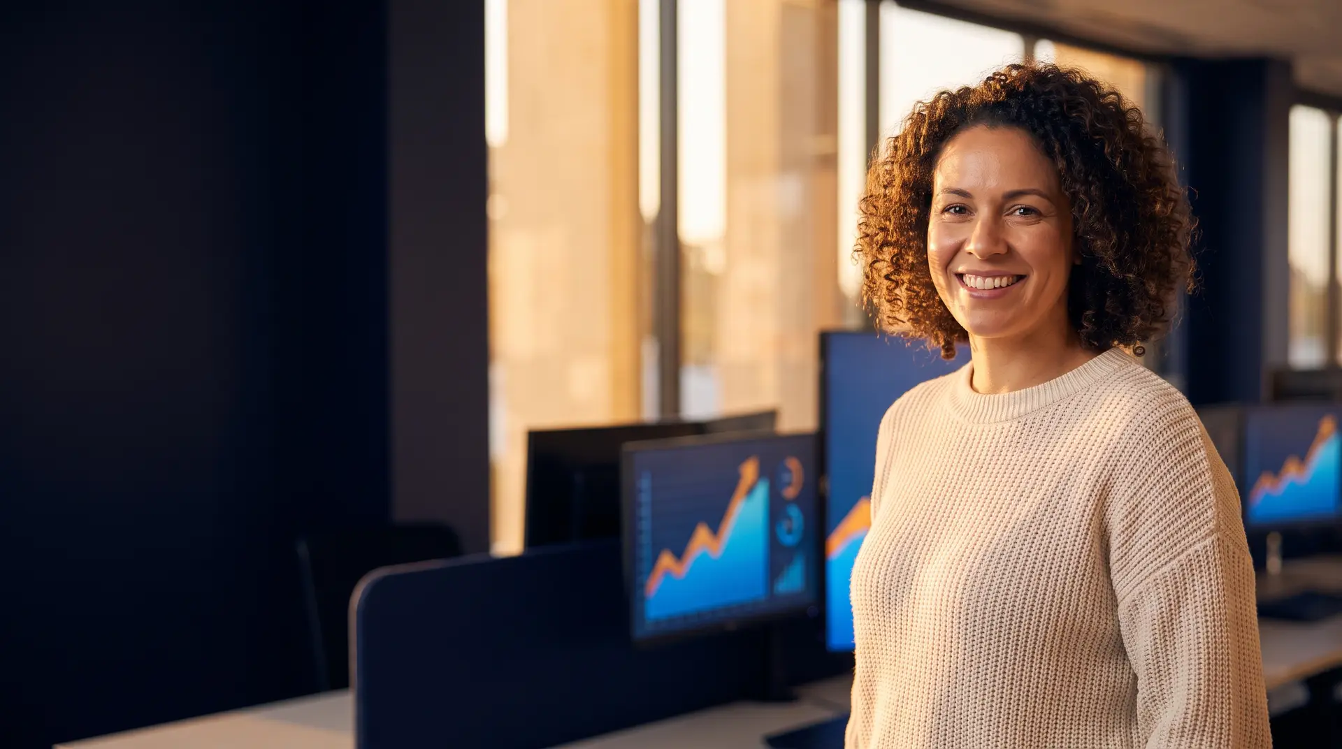 A confident Hobart marketing professional smiling in a modern office, with paid-search performance graphs on the screens behind her at golden hour